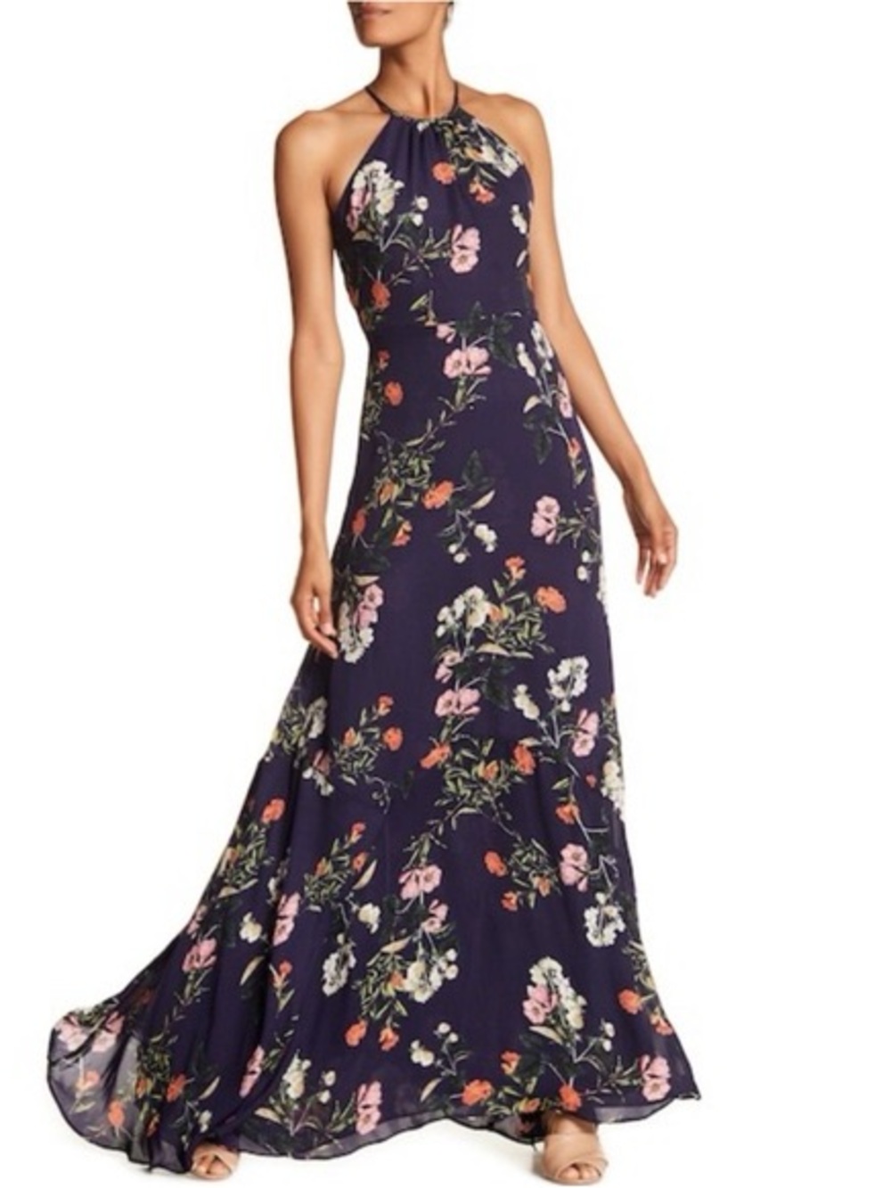Parker Navy Floral Halter Maxi Dress | Size S | Pink Orange White
